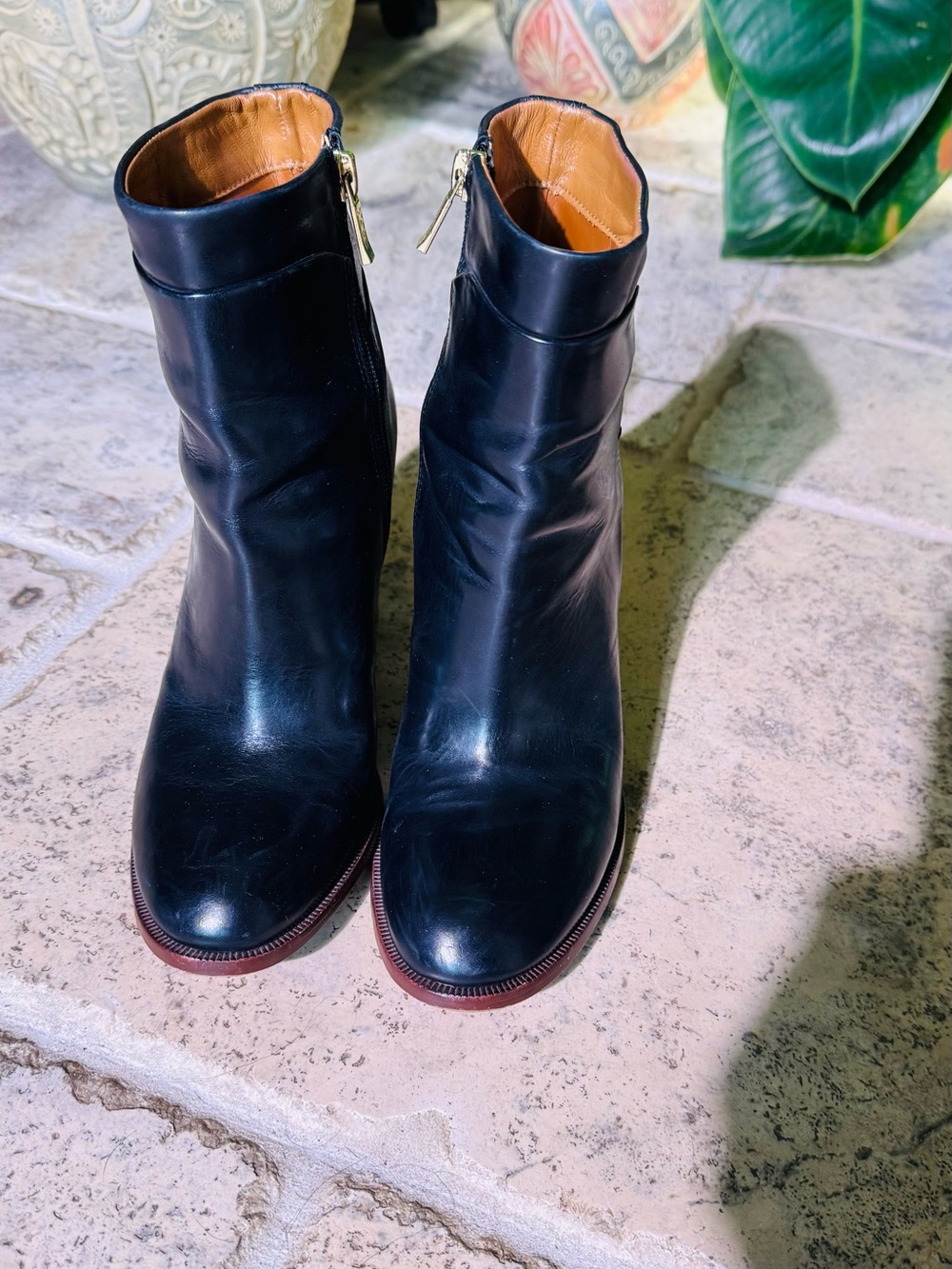 Ivanka Trump Black Leather Ankle Booties with Gold Side Zips